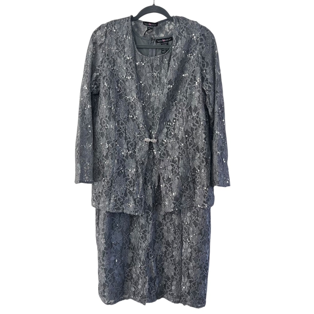 Woman Within Women's 14W Grey Lace Sequin‎ 2pc Jacket Dress Suit Evening